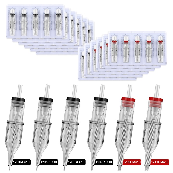 60 игли за касети, Juemel, M7097, кутия професионални татуировки, 3RL, 5RL, 7RL, 9RL, 9CM, 11CM, съвместими с машини за татуировки тип e-чистачки, Черно/Червено