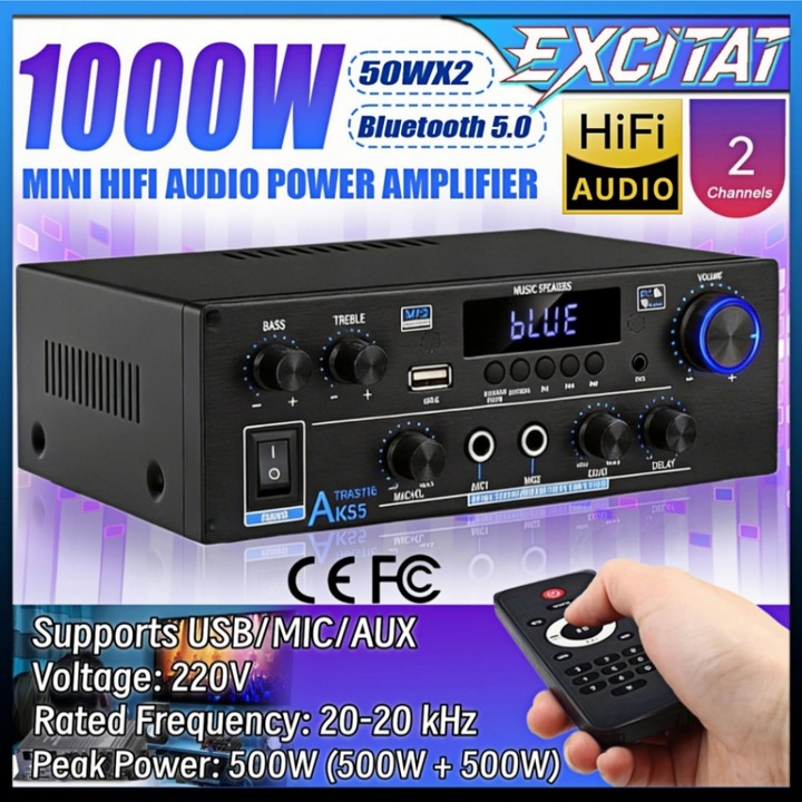 AK55 sztereó audio erősítő, Excitat®, 2x50W, 2x500W, Bluetooth 5.0 csatlakozás, távirányító, FM funkció, 2 csatorna, USB/MIC/AUX bemenet támogatása, HIFI hangzás, fekete