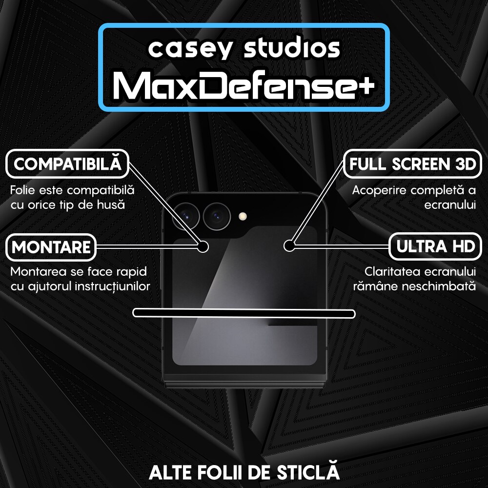 Folie Sticla CASEY STUDIOS™ compatibila cu Samsung Galaxy Z Flip7 FE, Full Cover 3D, Full Glue, Sticla Securizata, Duritate Militara, Ultra HD, Protectie Profesionala Ecran 3D, Anti Zgarieturi, Anti Socuri, Margini Negre