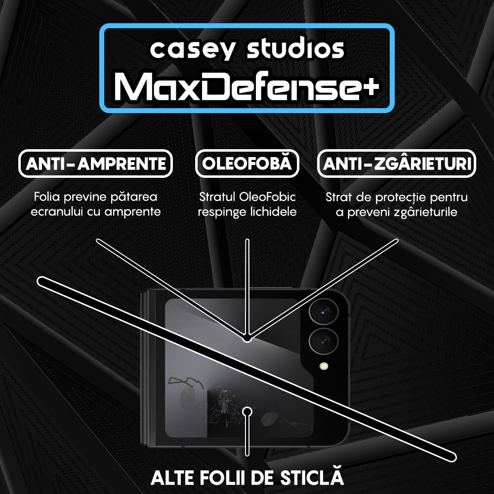 Folie Sticla CASEY STUDIOS™ compatibila cu Samsung Galaxy Z Flip7 FE, Full Cover 3D, Full Glue, Sticla Securizata, Duritate Militara, Ultra HD, Protectie Profesionala Ecran 3D, Anti Zgarieturi, Anti Socuri, Margini Negre