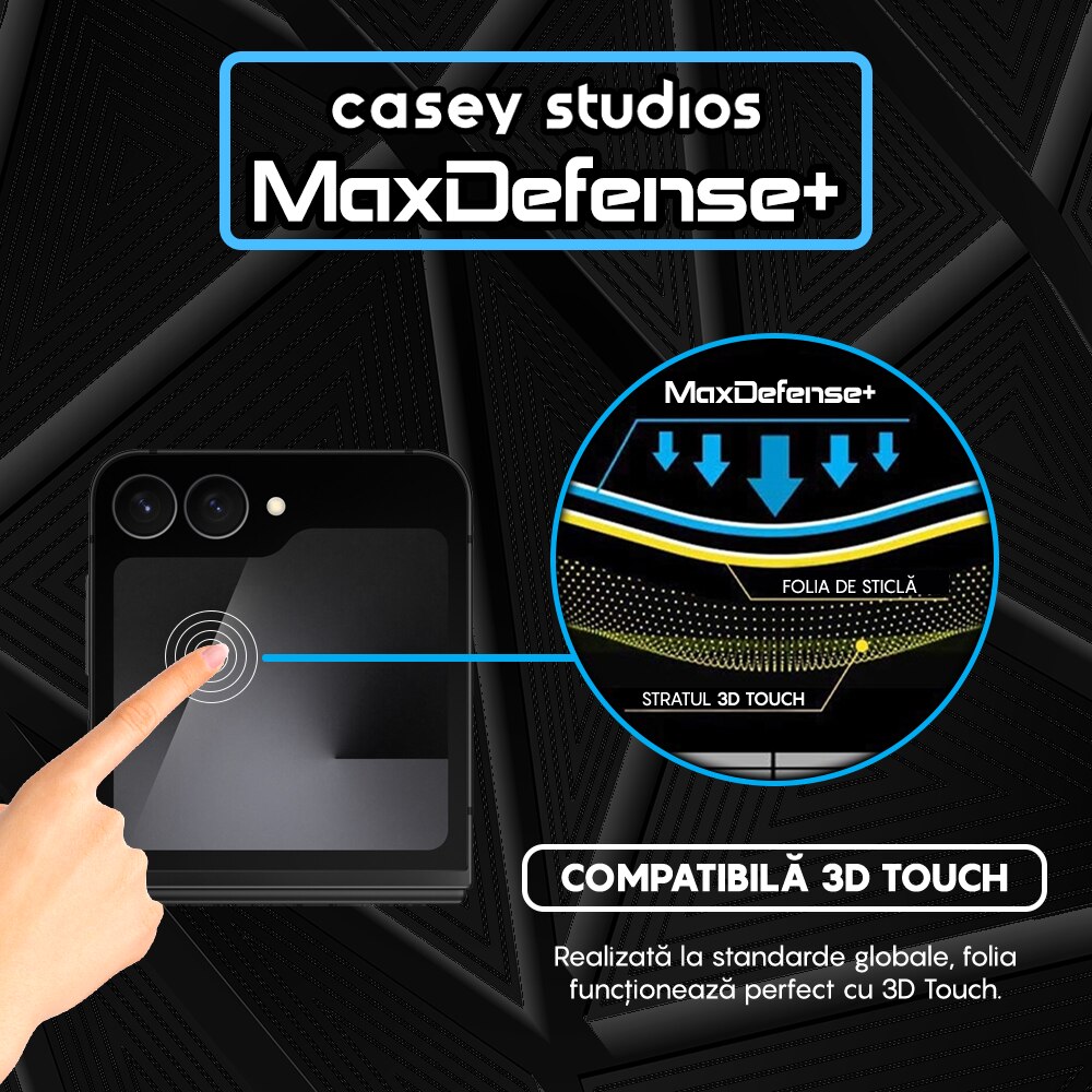 Folie Sticla CASEY STUDIOS™ compatibila cu Samsung Galaxy Z Flip7 FE, Full Cover 3D, Full Glue, Sticla Securizata, Duritate Militara, Ultra HD, Protectie Profesionala Ecran 3D, Anti Zgarieturi, Anti Socuri, Margini Negre