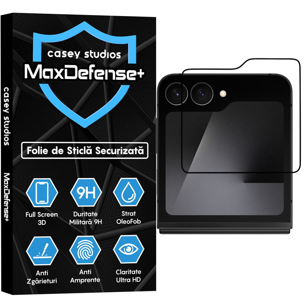 Folie Sticla CASEY STUDIOS™ compatibila cu Samsung Galaxy Z Flip7 FE, Full Cover 3D, Full Glue, Sticla Securizata, Duritate Militara, Ultra HD, Protectie Profesionala Ecran 3D, Anti Zgarieturi, Anti Socuri, Margini Negre