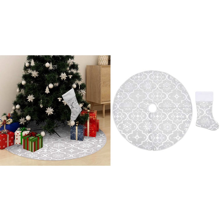 Covor fusta de brad Craciun alb, 90 cm, tesatura, cu soseta asortata