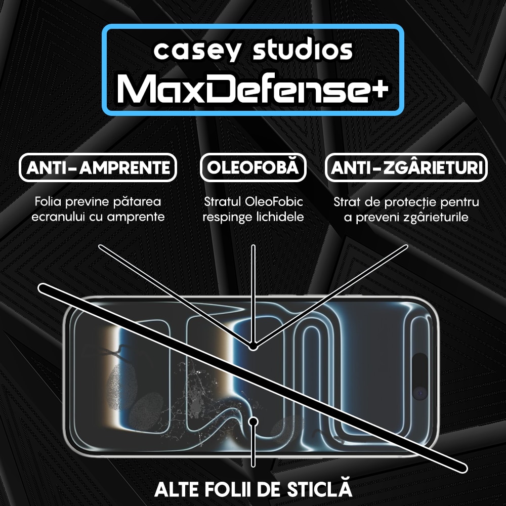 Folie Sticla CASEY STUDIOS™ compatibila cu iPhone 17 Pro, Full Cover 3D, Full Glue, Sticla Securizata, Duritate Militara, Ultra HD, Protectie Profesionala Ecran 3D, Anti Zgarieturi, Anti Socuri, Transparenta