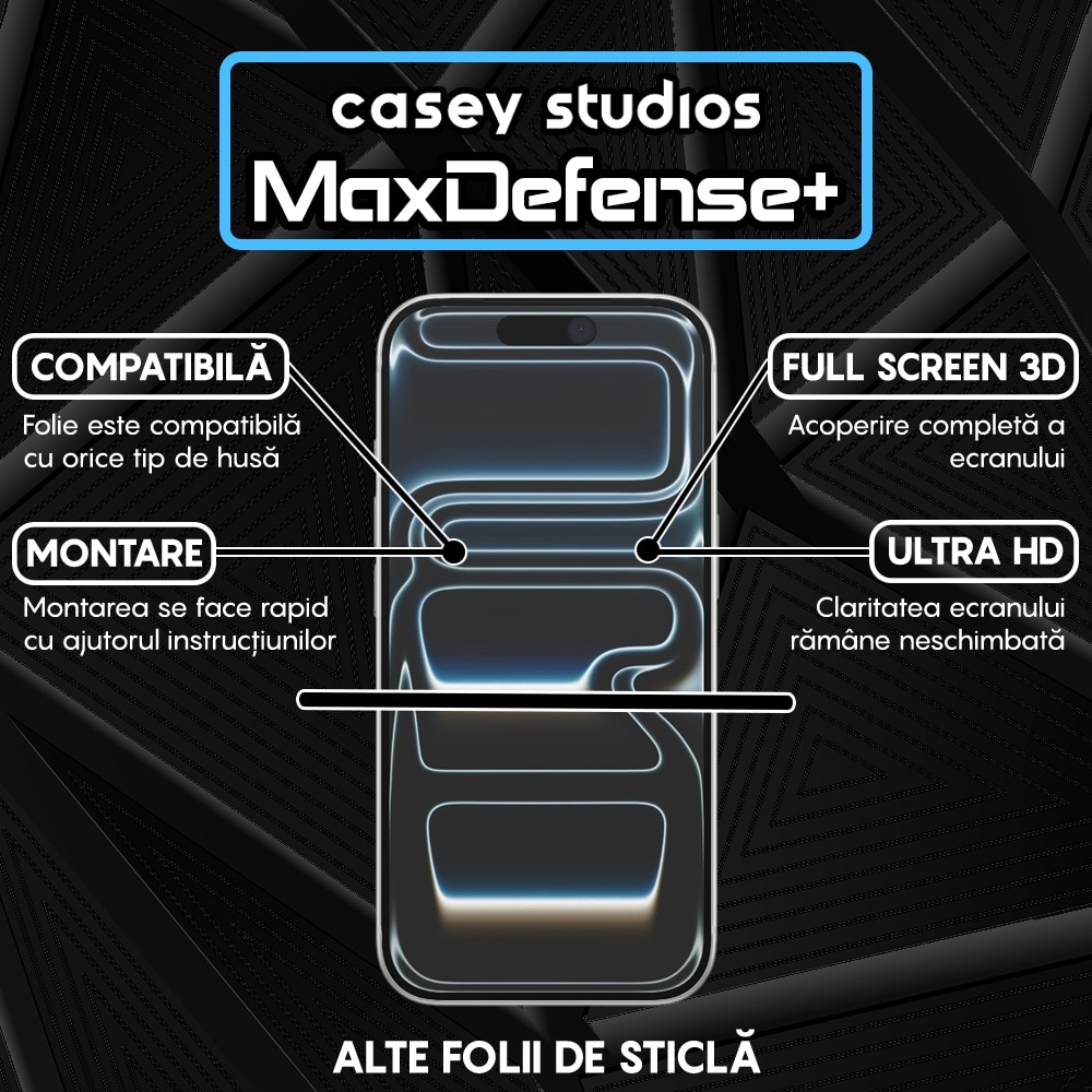 Folie Sticla CASEY STUDIOS™ compatibila cu iPhone 17 Pro, Full Cover 3D, Full Glue, Sticla Securizata, Duritate Militara, Ultra HD, Protectie Profesionala Ecran 3D, Anti Zgarieturi, Anti Socuri, Transparenta