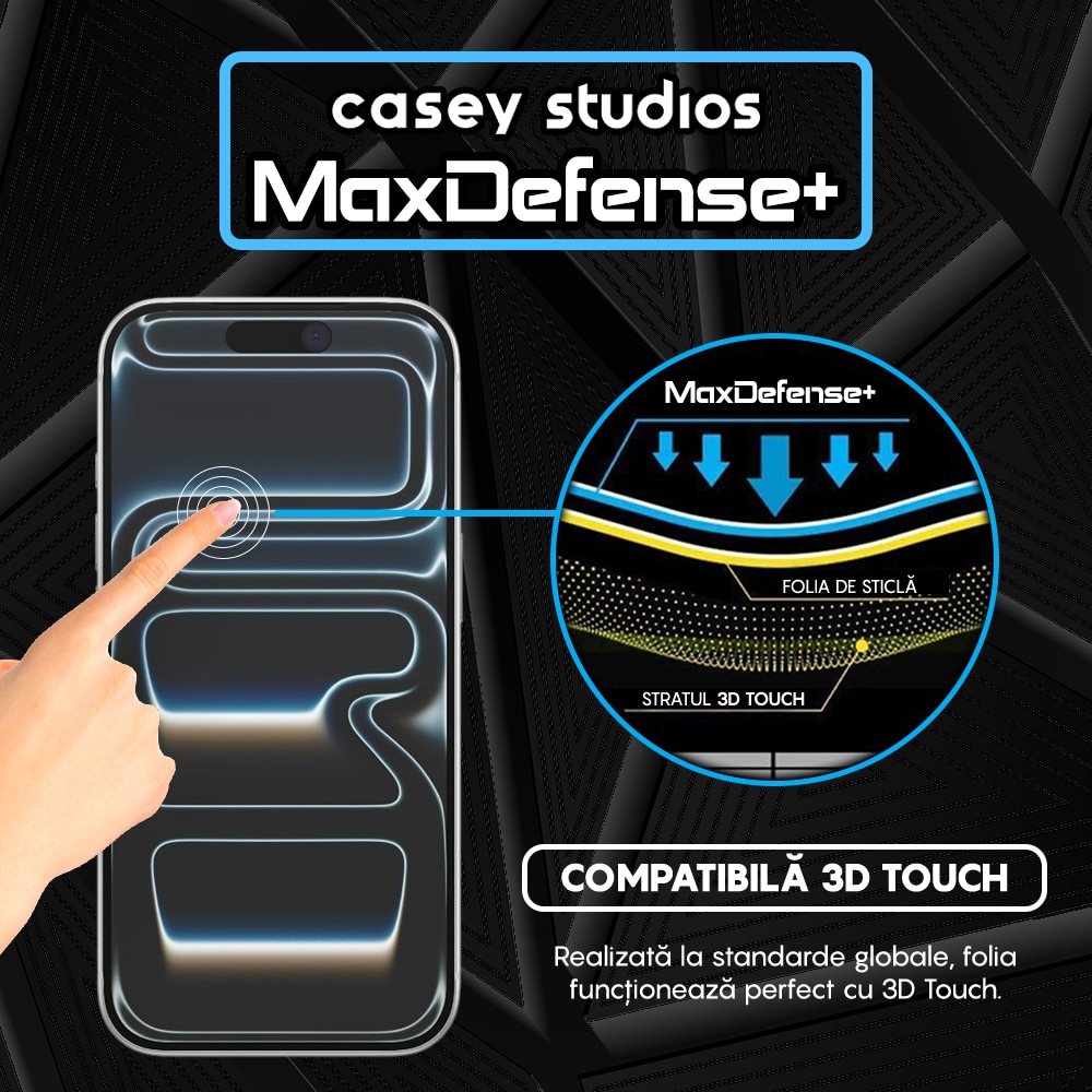 Folie Sticla CASEY STUDIOS™ compatibila cu iPhone 17 Pro, Full Cover 3D, Full Glue, Sticla Securizata, Duritate Militara, Ultra HD, Protectie Profesionala Ecran 3D, Anti Zgarieturi, Anti Socuri, Transparenta
