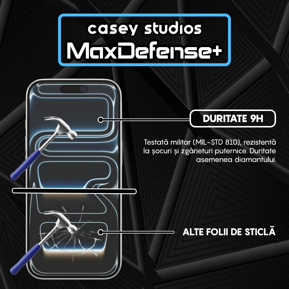 Folie Sticla CASEY STUDIOS™ compatibila cu iPhone 17 Pro, Full Cover 3D, Full Glue, Sticla Securizata, Duritate Militara, Ultra HD, Protectie Profesionala Ecran 3D, Anti Zgarieturi, Anti Socuri, Transparenta
