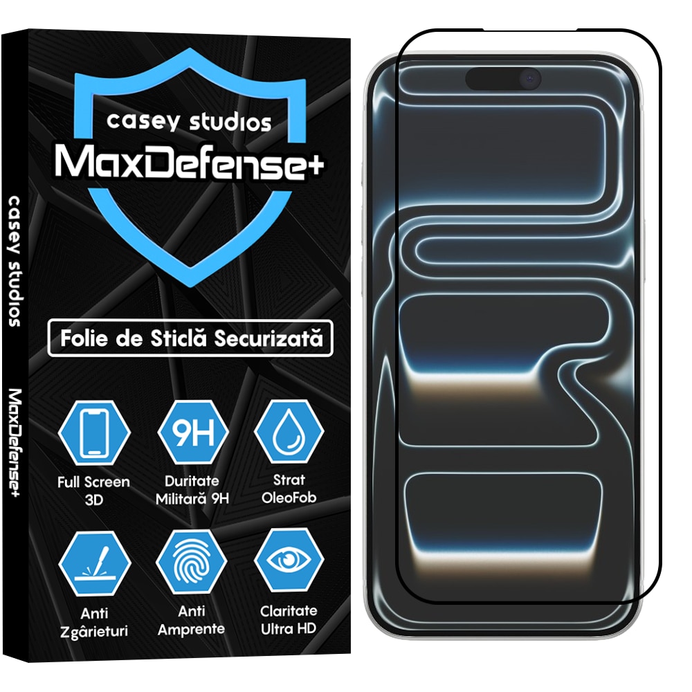 Folie Sticla CASEY STUDIOS™ compatibila cu Apple iPhone 17 Pro Max, Full Cover 3D, Full Glue, Sticla Securizata, Duritate Militara, Ultra HD, Protectie Profesionala Ecran 3D, Anti Zgarieturi, Anti Socuri, Margini Negre