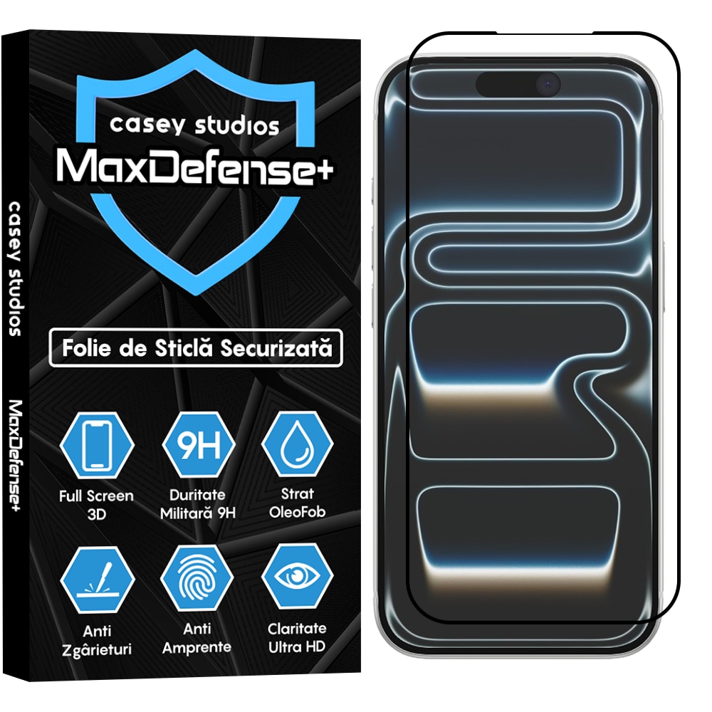 Folie Sticla CASEY STUDIOS™ compatibila cu iPhone 17 Pro, Full Cover 3D, Full Glue, Sticla Securizata, Duritate Militara, Ultra HD, Protectie Profesionala Ecran 3D, Anti Zgarieturi, Anti Socuri, Transparenta