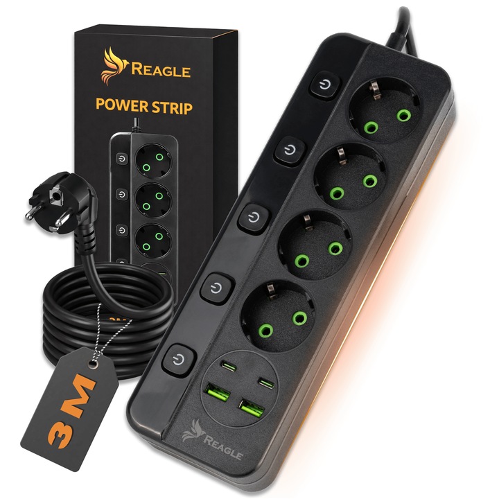 Разклонител с 3м кабел, 4 контакта с превключватели, 2x USB-A, 2x USB-C, черен, Reagle