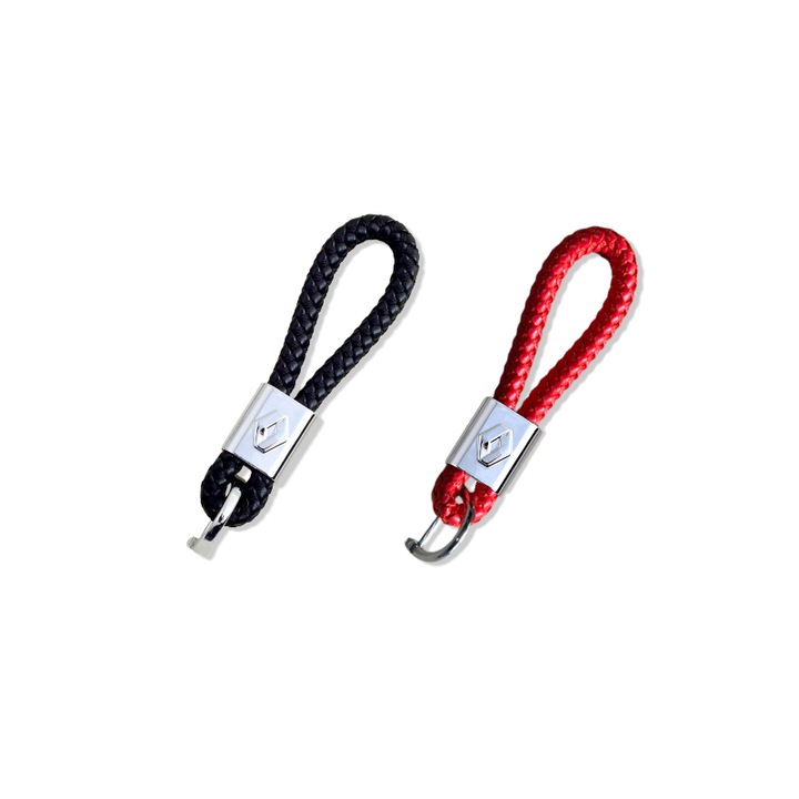 Set brelocuri Renault – 2 piese: Negru si Rosu, Piele Naturala, Logo Gravat 3D cu Laser, Compatibil Universal