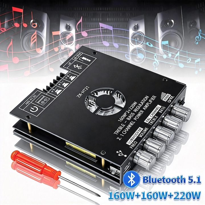 Erősítő 2.1, Tressino, Bluetooth 5.1, 2.1 csatorna, 2X160W+220W, DC 15-36 V tápellátás, 20Hz-200Hz, mélynyomó, bal és jobb csatorna kimenet, csavarhúzó, autóba és otthonra, 145x126x28mm, fekete