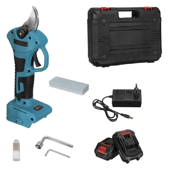 Foarfeca Electrica pentru Gradinarit Selling, 48V, 2 baterii, 2 Lame din Otel Carbon, Cheie, Imbus, Piatra Ascutit Lamele, Ulei ungere, latime taiere 1-30mm, Verde