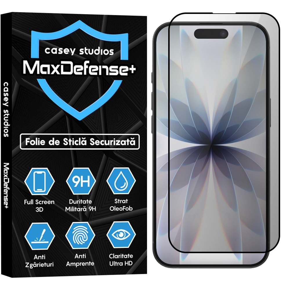 Folie Sticla Privacy CASEY STUDIOS™ compatibila cu Apple iPhone 17, Full Cover 3D, Full Glue, Sticla Securizata, Duritate Militara, Ultra HD, Protectie Profesionala Ecran 3D, Anti Zgarieturi, Anti Socuri