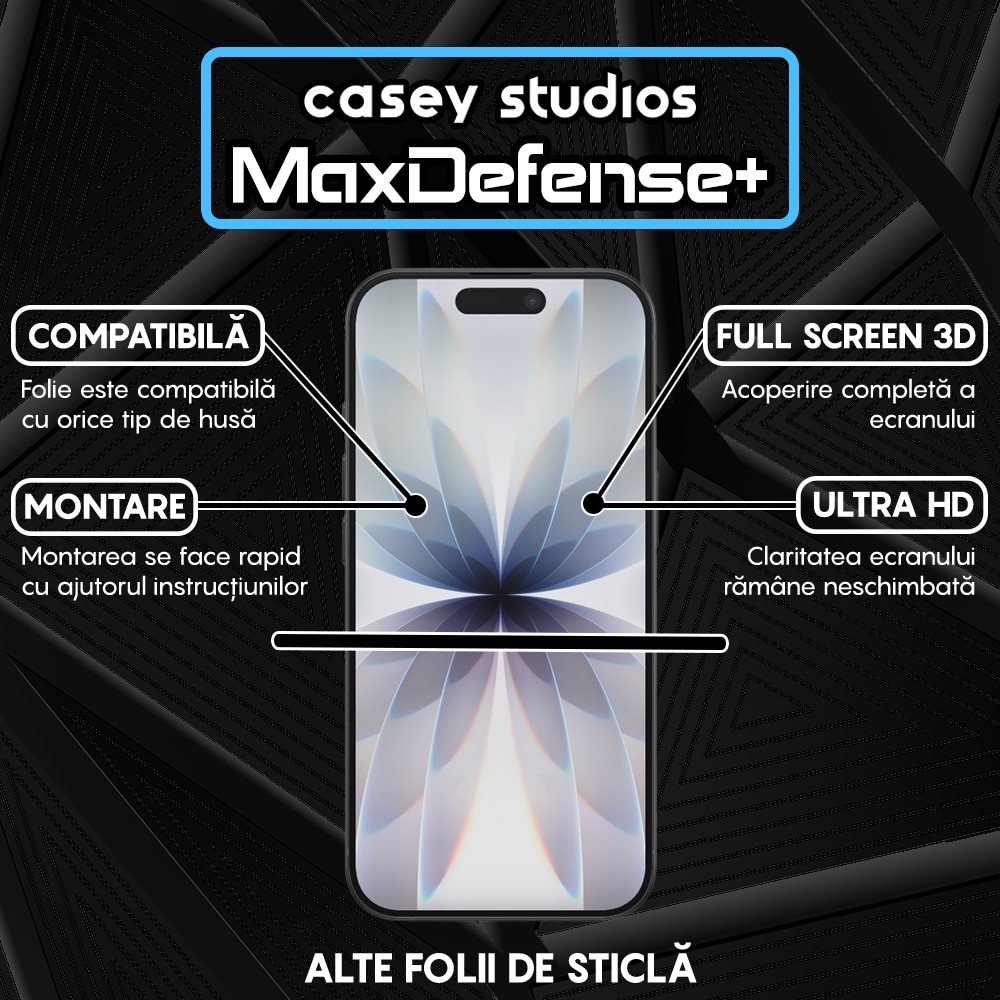 Folie Sticla Privacy CASEY STUDIOS™ compatibila cu Apple iPhone 17, Full Cover 3D, Full Glue, Sticla Securizata, Duritate Militara, Ultra HD, Protectie Profesionala Ecran 3D, Anti Zgarieturi, Anti Socuri