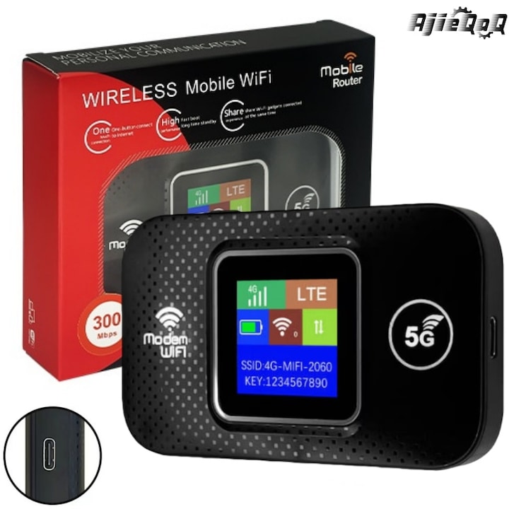 Zseb WIFI modem 4/5G LTE, LCD kijelző, többszörös csatlakoztathatóság, 3000mAh akkumulátorral és kártyanyílással, Támogatja az 5G SIM kártyákat, C típusú töltés, Ideális családoknak, utazáshoz és üzleti utakhoz, AjieQaQ®, Fekete