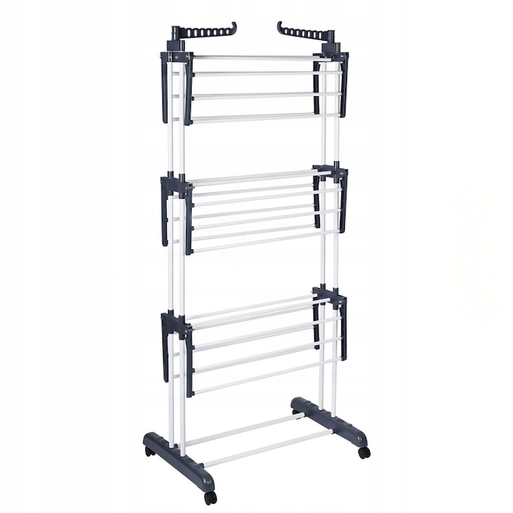 Uscător de rufe vertical pliabil pe 3 niveluri, SNM, 170x75x64 cm, alb/negru, cu suport mobil și roti