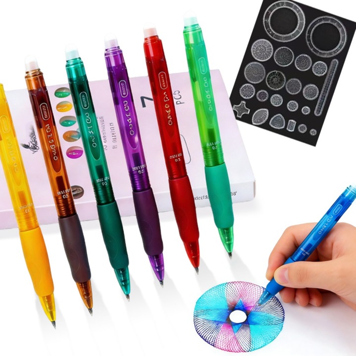 AeroStudio Set 7 pixeli color stergatori 0.5mm + 22 sabloane spirograf din ABS, desen profesional birou, bullet journal DIY, jucarie de relaxare, papetarie elev