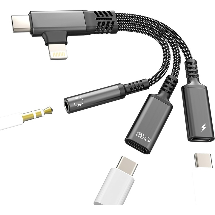 Adaptor pentru casti USB C OTG Data Type C (3 in 2) - MingZhi®, Jack Audio Aux 3, 5 mm Splitter Dongle incarcator