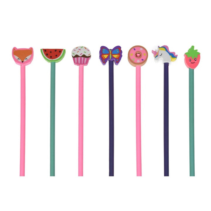 Set Creioane Fancy cu Radiere Figurine & Modele Diverse - 7buc