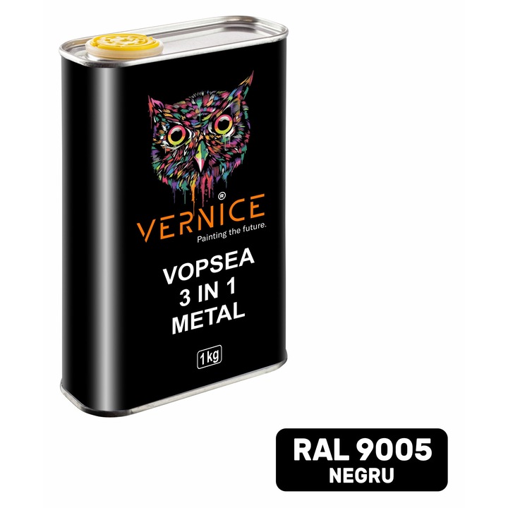 Email 3 in1 lucios Vernice, negru Ral 9005, aplicare pe rugina, rezistenta la coroziune, inhibator de rugina 1L