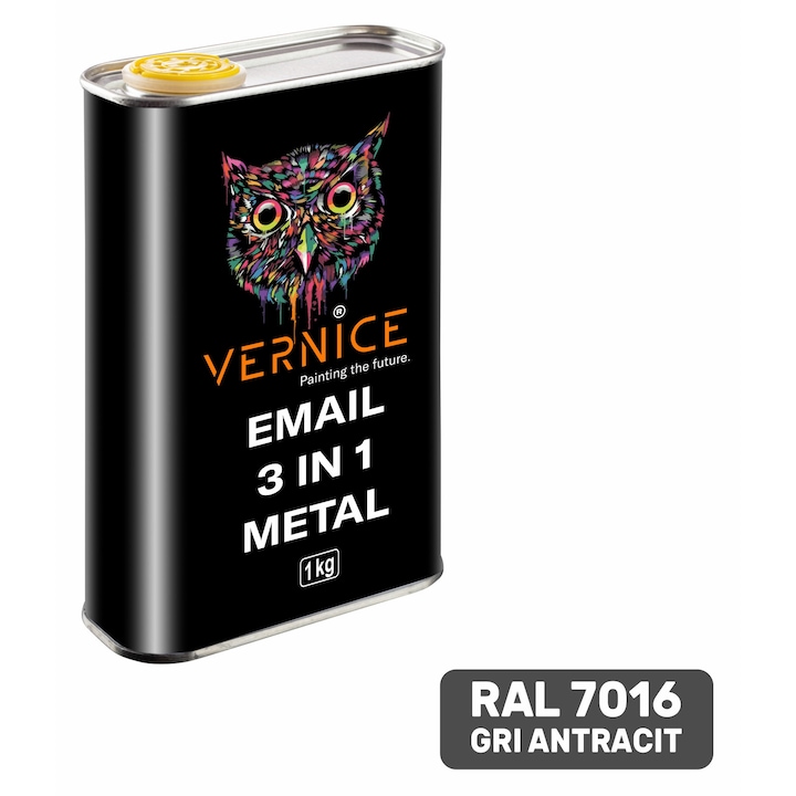 Email 3 in1 lucios Vernice, gri antracit Ral 7016, aplicare pe rugina, rezistenta la coroziune, inhibator de rugina 1L