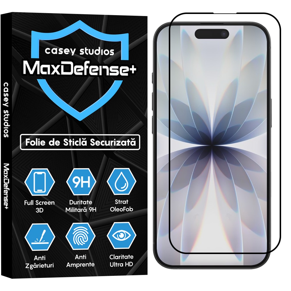 Folie Sticla CASEY STUDIOS™ compatibila cu iPhone 17, Full Cover 3D, Full Glue, Sticla Securizata, Duritate Militara, Ultra HD, Protectie Profesionala Ecran 3D, Anti Zgarieturi, Anti Socuri, Transparenta