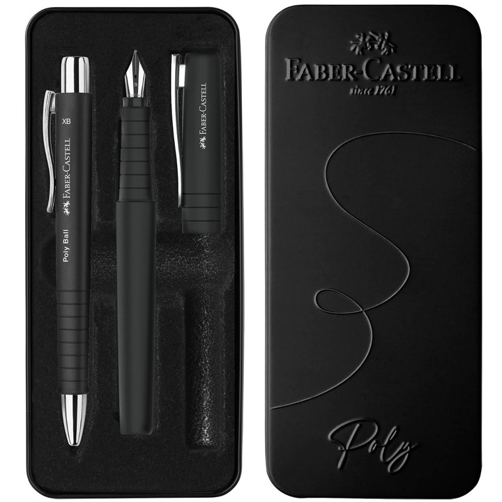 Set Cadou Scriere Poly Faber-Castell Negru - Stilou Penita B & Pix XB, Grip Triunghiular, in Cutie Eleganta