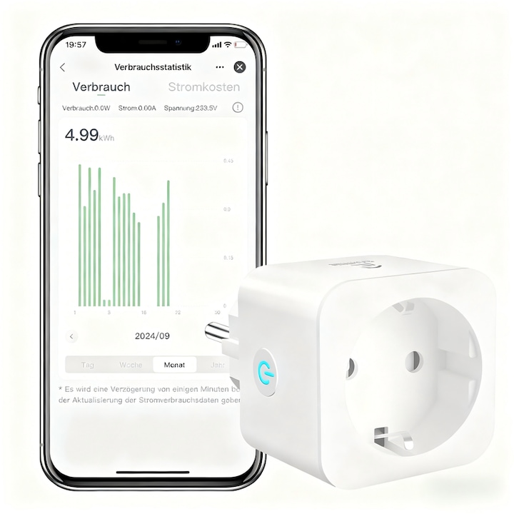 Priza Inteligenta 16A 3680W cu Contor Consum Energie, Control Vocal & Temporizator, Compatibil Alexa/Google Assistant, WiFi 2.4GHz, pentru Smart Home