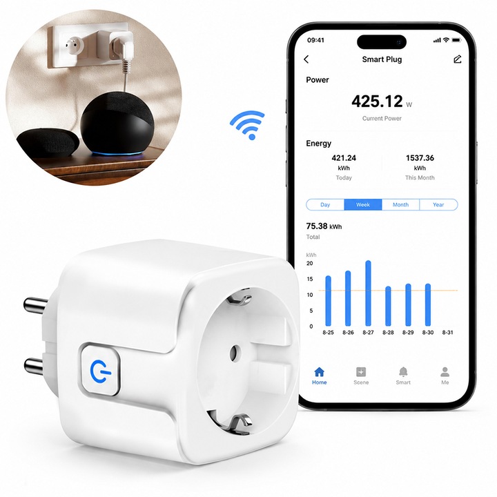 Priza Inteligenta 16A cu Contor Consum Energie, Control Vocal & Temporizator, Compatibil Alexa/Google Assistant, WiFi 2.4GHz, pentru Smart Home，1pc