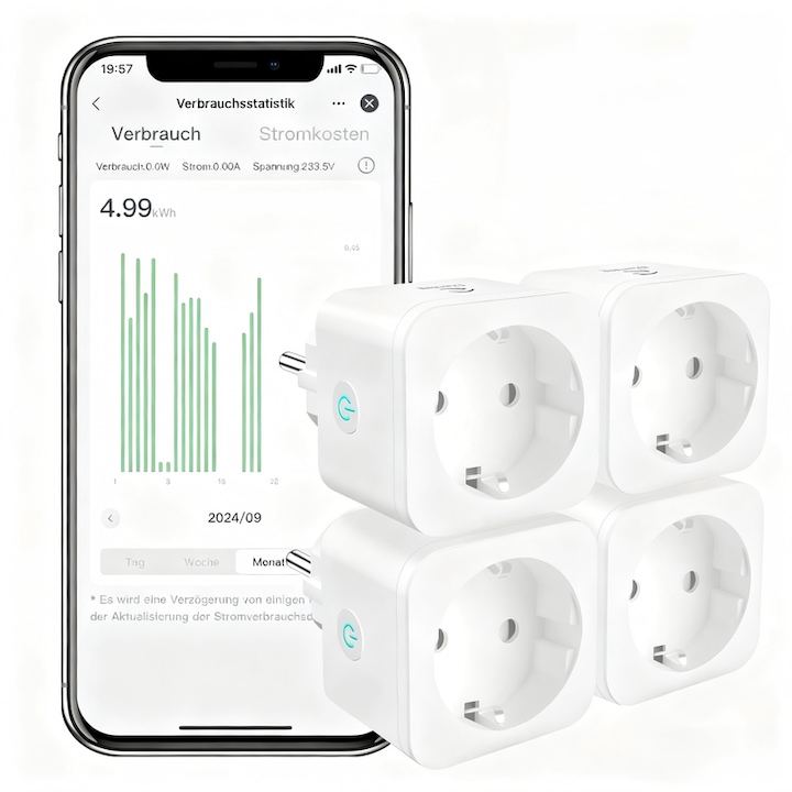 Set 4 Priza Inteligenta WiFi 16A cu Contor Consum Energie, Programari & Acces la Distanta, Compatibil Alexa/Google Home/SmartThings, pentru Smart Home