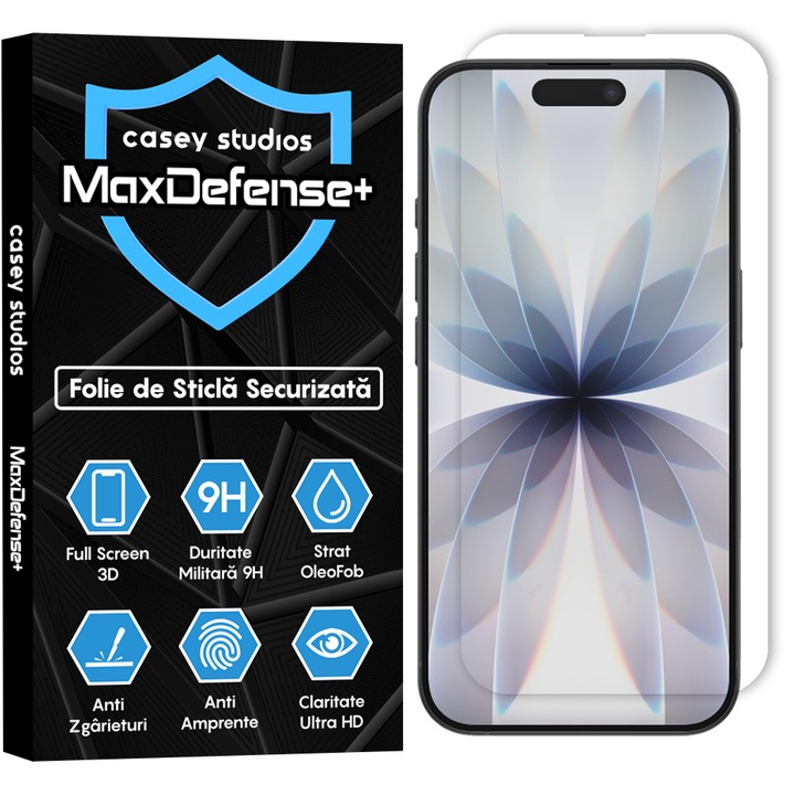 Folie Sticla CASEY STUDIOS™ compatibila cu Apple iPhone 17, Full Cover 3D, Full Glue, Sticla Securizata, Duritate Militara, Ultra HD, Protectie Profesionala Ecran 3D, Anti Zgarieturi, Anti Socuri, Margini Negre
