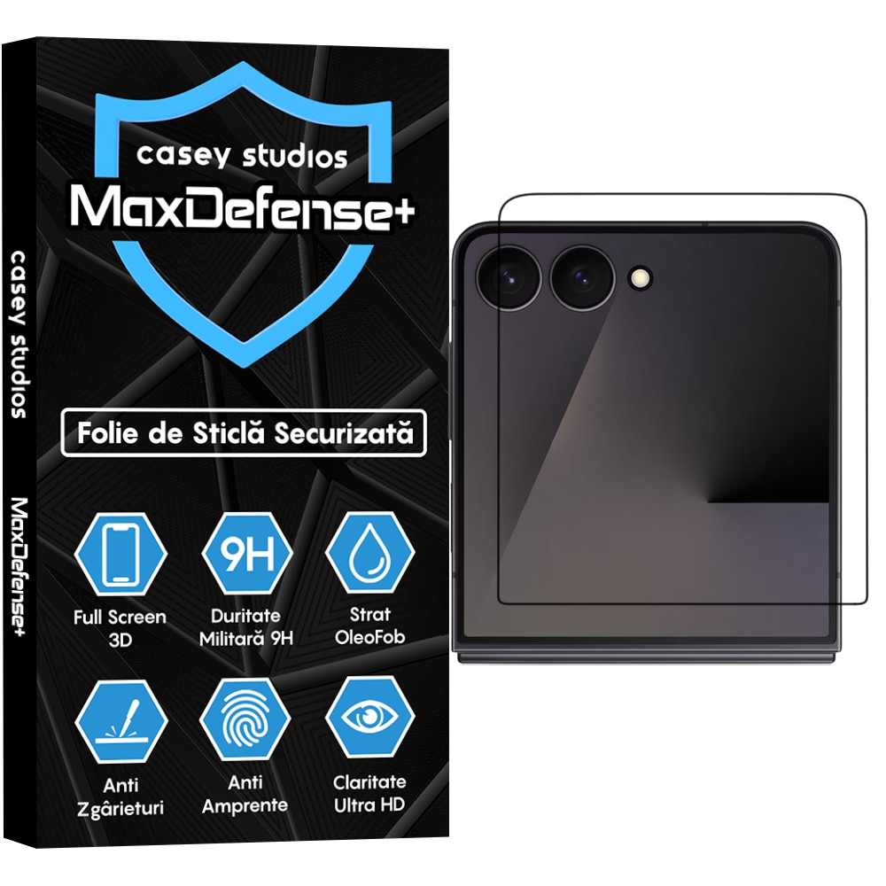 Folie Sticla CASEY STUDIOS™ compatibila cu Samsung Galaxy Z Flip7, Full Cover 3D, Full Glue, Sticla Securizata, Duritate Militara, Ultra HD, Protectie Profesionala Ecran 3D, Anti Zgarieturi, Anti Socuri, Margini Negre