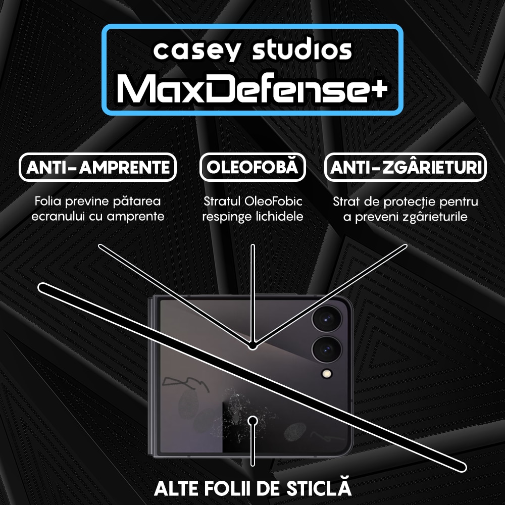 Folie Sticla CASEY STUDIOS™ compatibila cu Samsung Galaxy Z Flip7, Full Cover 3D, Full Glue, Sticla Securizata, Duritate Militara, Ultra HD, Protectie Profesionala Ecran 3D, Anti Zgarieturi, Anti Socuri, Margini Negre