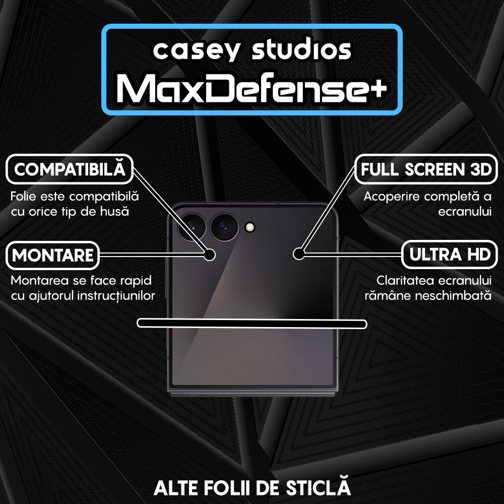 Folie Sticla CASEY STUDIOS™ compatibila cu Samsung Galaxy Z Flip7, Full Cover 3D, Full Glue, Sticla Securizata, Duritate Militara, Ultra HD, Protectie Profesionala Ecran 3D, Anti Zgarieturi, Anti Socuri, Margini Negre