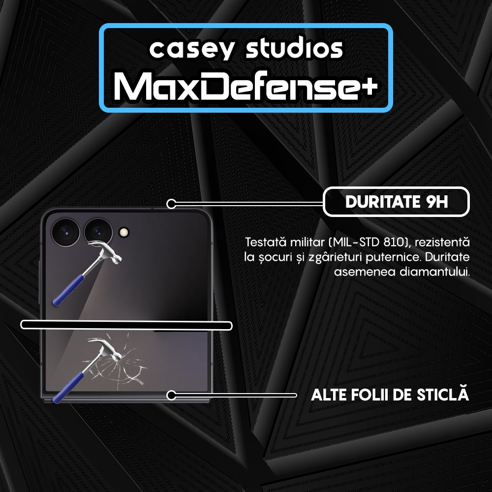 Folie Sticla CASEY STUDIOS™ compatibila cu Samsung Galaxy Z Flip7, Full Cover 3D, Full Glue, Sticla Securizata, Duritate Militara, Ultra HD, Protectie Profesionala Ecran 3D, Anti Zgarieturi, Anti Socuri, Margini Negre
