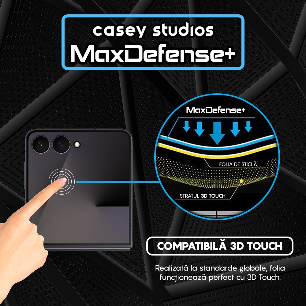 Folie Sticla CASEY STUDIOS™ compatibila cu Samsung Galaxy Z Flip7, Full Cover 3D, Full Glue, Sticla Securizata, Duritate Militara, Ultra HD, Protectie Profesionala Ecran 3D, Anti Zgarieturi, Anti Socuri, Margini Negre