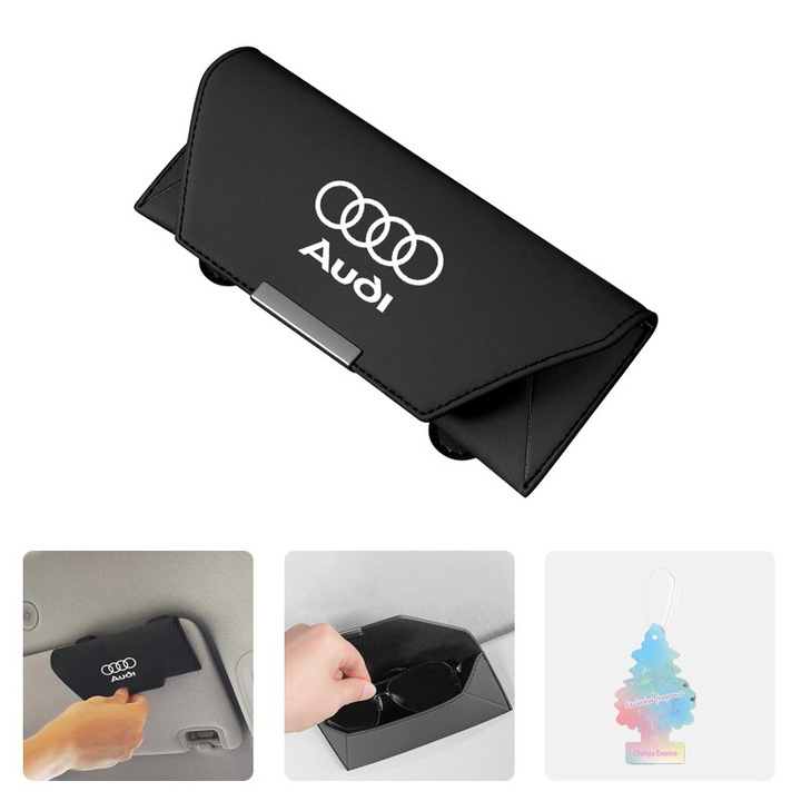 Suport ochelari auto MagAuto pentru parasolar Audi, magnetic, piele ecologica, negru, 18x7,5x5cm, + odorizant auto