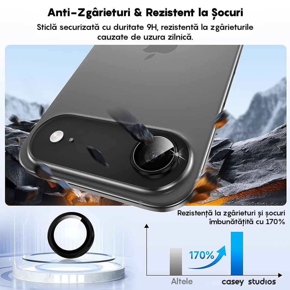 Folie Protectie Lentile Camera compatibila cu Apple iPhone 17 Air, CASEY STUDIOS™ MaxDefense+, Ultra HD, Anti Amprente, Anti Zgarieturi, Anti Socuri, Negru