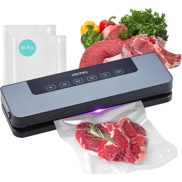 Aparat de vidat si sigilat alimente, 5 functii vidare umed/uscata/soft, 3000R, 65kpa, 120W, panou de comanda tactil, cu 10 Pungi 20x25cm, Functie de Sigilare si Vidare Automata, Aspirator pulsat pentru alimente lichide uscate si umede, Gri