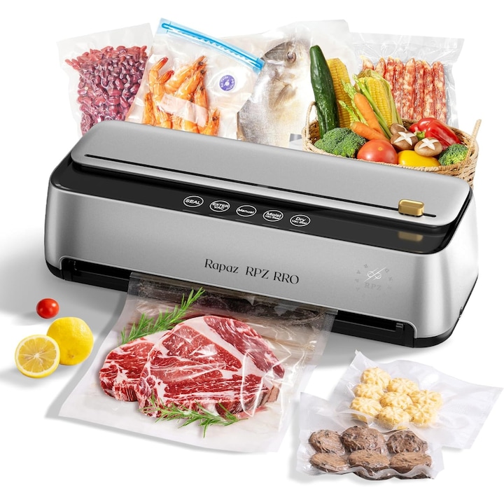 Уред за вакуумиране Rapaz RPZ PRO, 145W, 85 kpa, 5 функции за вакуумиране мокро/сухо/меко, Тъч контролен панел, 30 см запечатваща лента, 5 мм ширина на запечатване, Вграден нож, 10 броя торбички 20X30 см, Включена ролка 20x500 см, Сив
