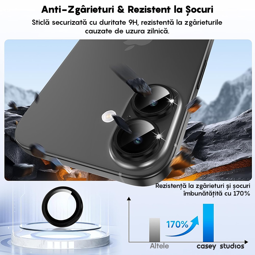 Folie Protectie Lentile Camera compatibila cu Apple iPhone 17, CASEY STUDIOS™ MaxDefense+, Ultra HD, Anti Amprente, Anti Zgarieturi, Anti Socuri, Negru
