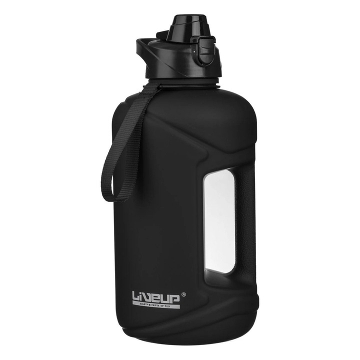 Sticlă sport din plastic, 2, 2L, neagră, cu mâner și capac cu gura de scurgere