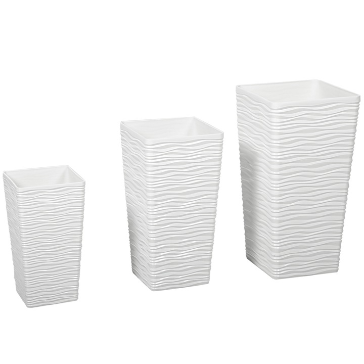 Outsunny Set 3 Ghivece de Exterior Suprapozabile cu Model Ondulat din Plastic, 42/55/65 cm, Alb