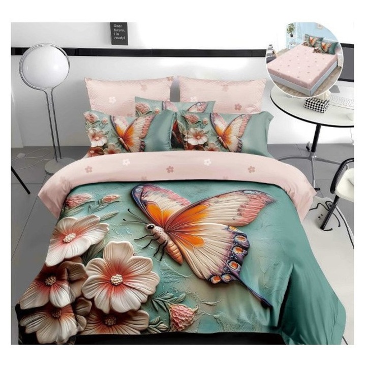 Lenjerie pentru pat dublu, din finet cu 4 piese cu elastic, model 5D cod WD42