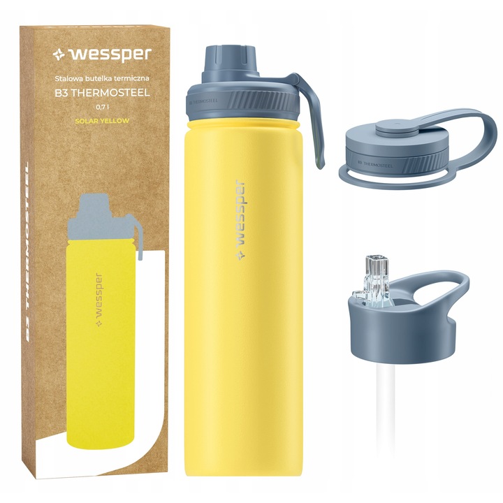 Sticlă termică, Wessper B3 THERMOSTEEL, 700ml, set cu 3 capace, galben