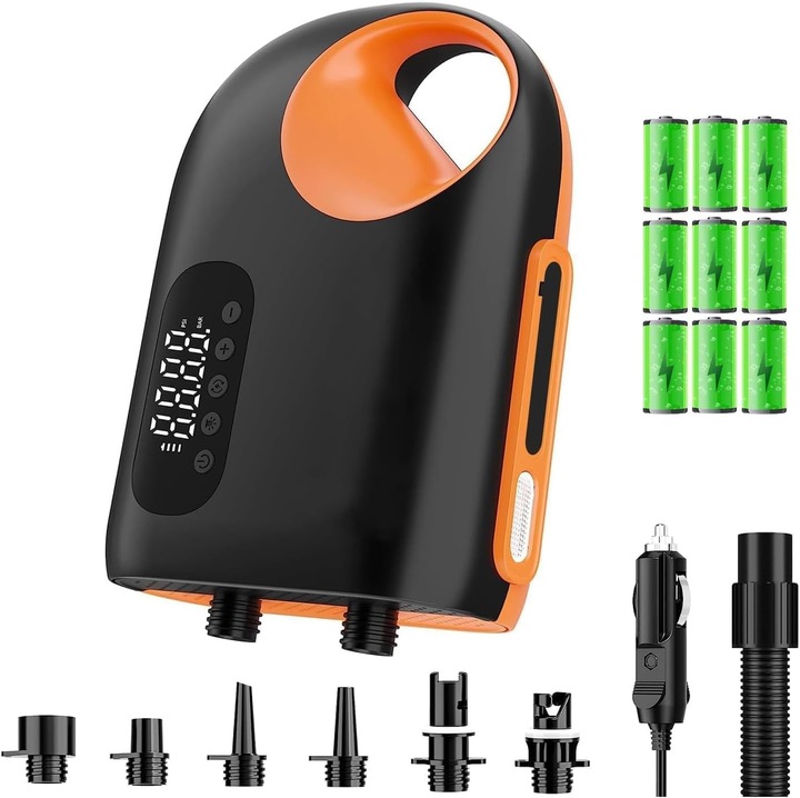 Elektromos pumpa, 18000mAh, 20PSI, 12V, automatikus kikapcsolás, hordozható felfújható pumpa, narancssárga-fekete