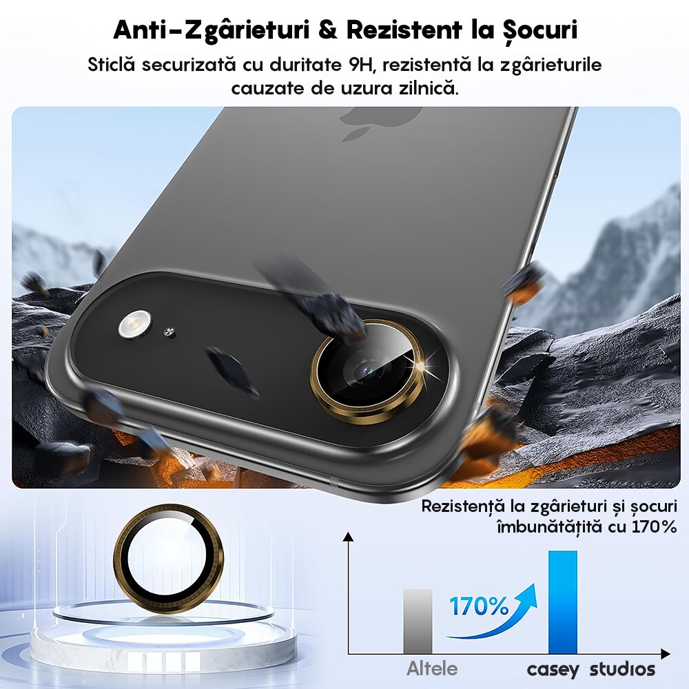 Folie Protectie Lentile Camera compatibila cu Apple iPhone 17 Air, CASEY STUDIOS™ MaxDefense+, Ultra HD, Anti Amprente, Anti Zgarieturi, Anti Socuri, Auriu