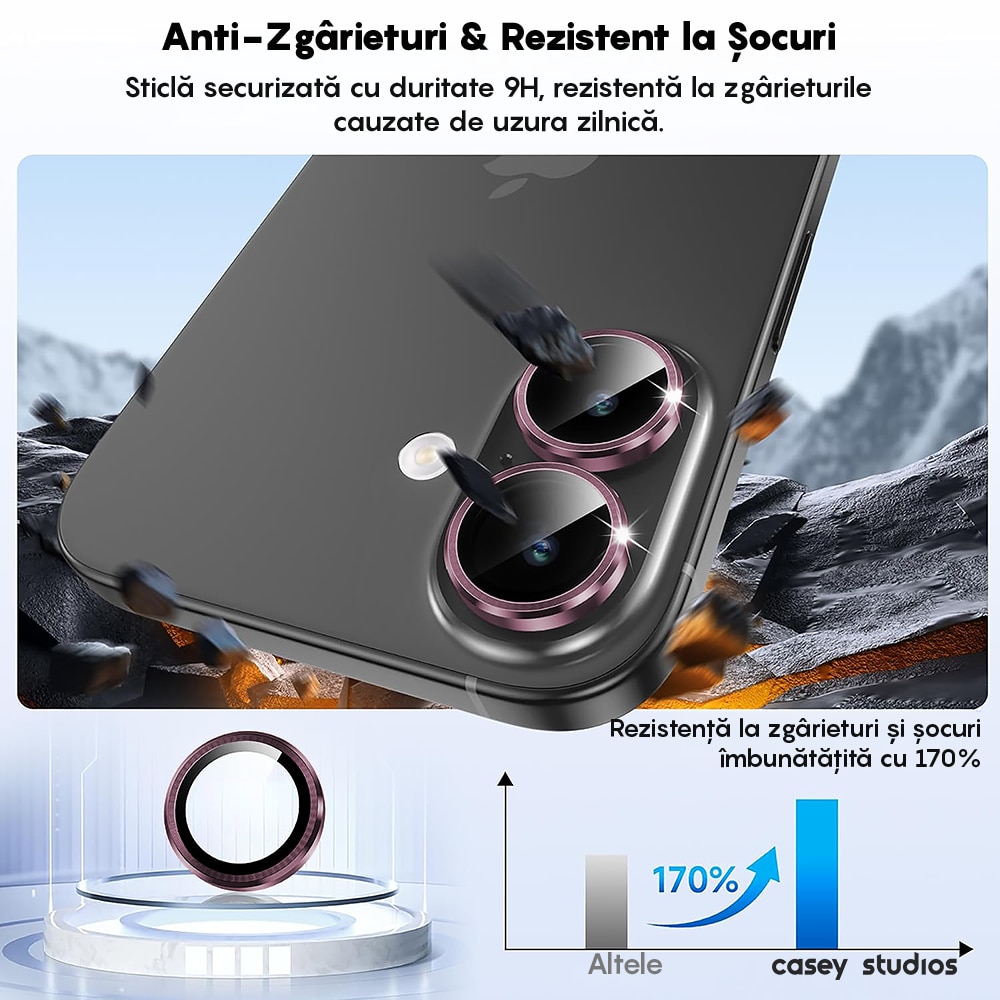 Folie Protectie Lentile Camera compatibila cu Apple iPhone 17, CASEY STUDIOS™ MaxDefense+, Ultra HD, Anti Amprente, Anti Zgarieturi, Anti Socuri, Roz