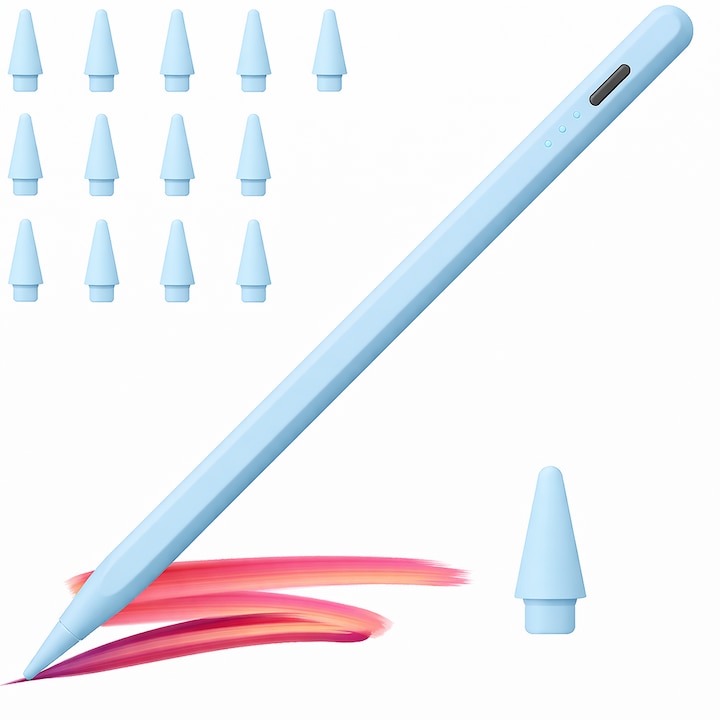 Стилус за таблет iPad Apple 2018-2025, Професионален, Капацитивен, Накрайници против надраскване, Функция за отхвърляне на дланта, Без забавяне, Бързо зареждане, Магнитен, USB-C, Включен комплект резервни накрайници, Алуминий, Blue/Baby Blue